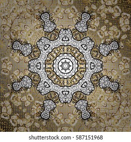 Golden snowflakes on neutral background. Symbol holiday, New Year celebration vector golden pattern with golden elements. Winter snow texture wallpaper. Christmas gold snowflake.