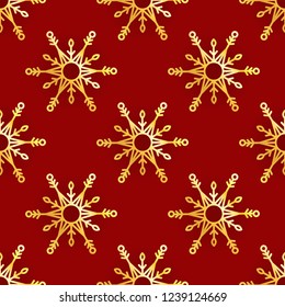 Golden snowflakes on red background. Seamless vector pattern.