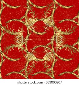 Golden snowflakes on red background. Symbol holiday, New Year celebration vector golden pattern with golden elements. Winter snow texture wallpaper. Christmas gold snowflake pattern.