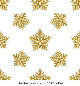 Golden snowflakes on white background. Winter seamless pattern. Vector illustration