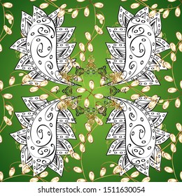 Golden snowflakes on white and green colors. Christmas golden snowflake seamless pattern. Winter snow texture wallpaper. Symbol holiday, New Year celebration vector golden pattern.