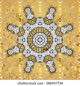 Golden snowflakes on yellow background. Symbol holiday, New Year celebration vector golden pattern. Winter snow texture wallpaper. Christmas golden snowflake.