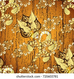 Golden snowflakes on yellow, orange and brown colors. Winter snow texture wallpaper. Christmas gold snowflake pattern. Symbol holiday, New Year celebration vector golden pattern with golden elements.