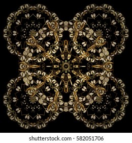 Golden snowflakes pattern in black colors. Vector with stylized snowflakes.