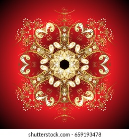 Golden snowflakes pattern in colors. Vector with stylized snowflakes.