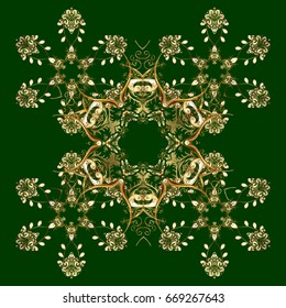 Golden snowflakes pattern in green colors. Vector with stylized snowflakes.