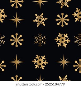 Patrón de copos de nieve dorados sobre un fondo negro. Gráficos de Vector