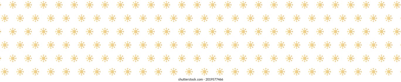 Golden snowflakes pattern on long banner. Christmas gold celebration ornament. Glitter luxury card. Winter web design. Happy New Year card. Holiday background. Season greeting. Vector illustration.