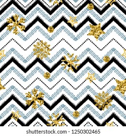 Golden snowflakes pattern in zigzag. Classic Christmas chevron seamless background. Zigzag and stripe line. Yellow and white colors. For invitation, web, textile, wallpaper, wrapping paper.