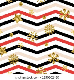 Golden snowflakes pattern in zigzag. Classic Christmas chevron seamless background. Zigzag and stripe line. Yellow and white colors. For invitation, web, textile, wallpaper, wrapping paper.