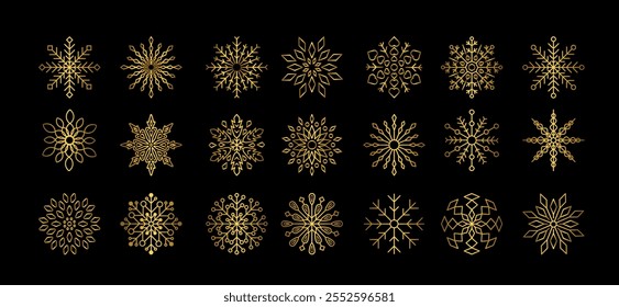 Goldene Schneeflocken Premium-Klasse Vektor-Set für Winter-Design-Element. Vergoldete Silhouetten-Schneeflocken einzeln auf schwarzem Hintergrund. Symbolsammlung einfrieren. Schnee Eis Kristall Form Grafik.
