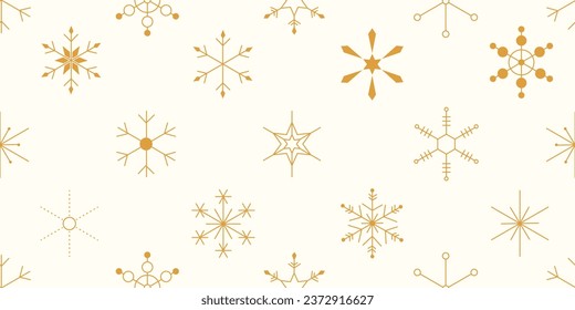 El patrón dorado de los copos de nieve no tiene fisuras. Fondo de repetición navideña con copos geométricos simples. Diseño vectorial de navidad vintage