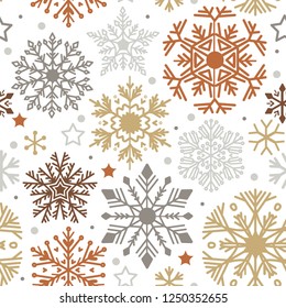 Golden snowflakes seamless pattern. Elegant Christmas snow crystal collection in flat style. Isolated ornament, new year toy over white background. Vector Xmas cartoon background with design elements