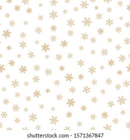 Golden snowflakes seamless pattern. Luxury vector Christmas background with small gold snow flakes on white backdrop. Winter holidays texture. Elegant design for decoration, tileable print, gift paper