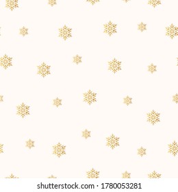 Golden snowflakes seamless pattern. Magic holiday texture for Merry Christmas. Vector isolated winter gold festive background for wrapping paper.