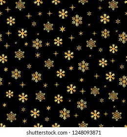 Golden snowflakes seamless pattern. Snow flakes black background for winter holidays design and decoration. Christmas vector illustration.