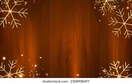 Golden snowflakes and stars on wood background. Winter, Christmas, New Year wooden decoration. Christmas, celebration Poster, banner, cover card, brochure, flyer, layout. Metallic sign. Vector EPS10.