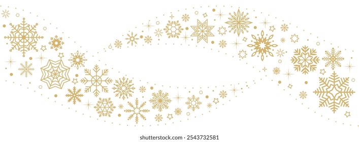 Golden snowflakes wavy frame flat color vector composition. Winter holidays and Christmas season illustration on white background