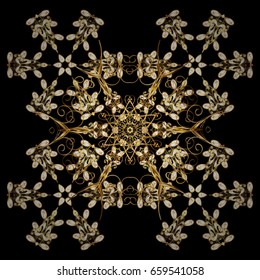 Golden snowflakes winter New Year frame. Vector ornamental pattern in black colors on black background.