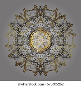 Golden snowflakes winter New Year frame. Vector ornamental pattern in colors on gray background.