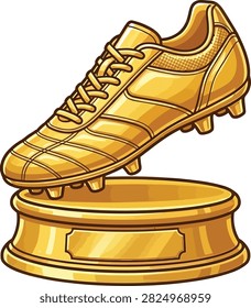 A golden soccer shoe trophy placed on a round golden stand isolated on light blue gradient background.