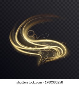 Golden soft light wave with sparkle bokeh, abstract effect vector illustration. Luxury shine of gold curve motion lines and shining particles, bright swirl glitter on transparent black background