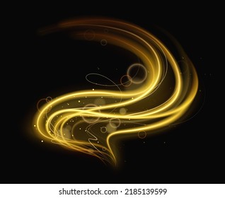 Golden soft light wave with sparkle bokeh, abstract effect vector illustration. Luxury shine of gold curve motion lines and shining particles, bright swirl glitter on black background