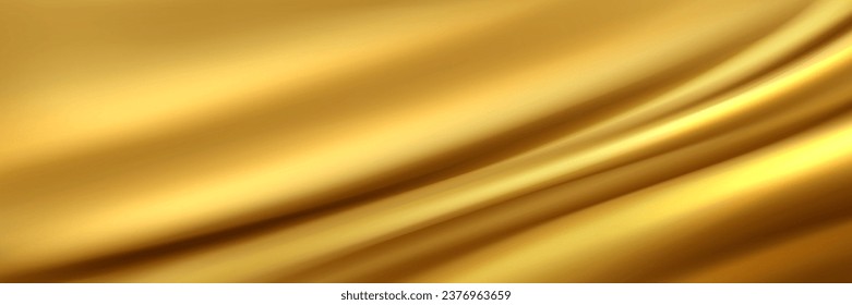 Golden soft silk wave texture abstract background. 3d satin fabric pattern. Luxury curtain liquid smooth cloth backdrop. Fashion rippled and drapery textile banner design. Gold fold surface decoration