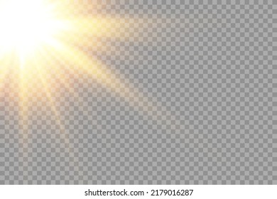 Golden solar flare. Decor element. Horizontal star rays. Vector transparent sunlight on a transparent background. Special glare light effect. Front sun lens. Vector blur in bright light.
