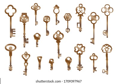 Golden sophisticated door keys of various shapes and sizes. Vector illustration. Stock Photo.