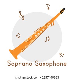 Golden soprano saxophone clipart cartoon style. Simple cute soprano brass musical instrument flat vector illustration. Brass instruments hand drawn doodle style. Wind instrument soprano vector design