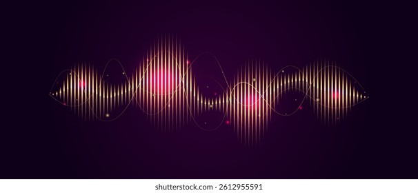 Golden sound wave on dark background, AI voice assistant visualization, Sound wave equalizer, Vector illustration.