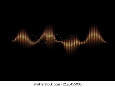 Golden sound waves with glowing light on a black background, stock  Vector illustration.