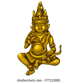 Golden souvenir in the form of Buddhist statue Jambhala isolated on white background. Cartoon vector illustration close-up.