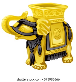 Golden souvenir in the form of buddhist statuette of elephant isolated on white background. Cartoon vector illustration close-up.