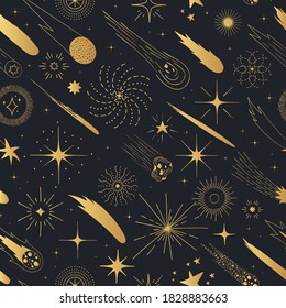 Fondo del espacio dorado. Navidad Navidad sin fisuras con estrellas, cometas, sol y luna. Textura de oro infantil para papel o papel pintado.