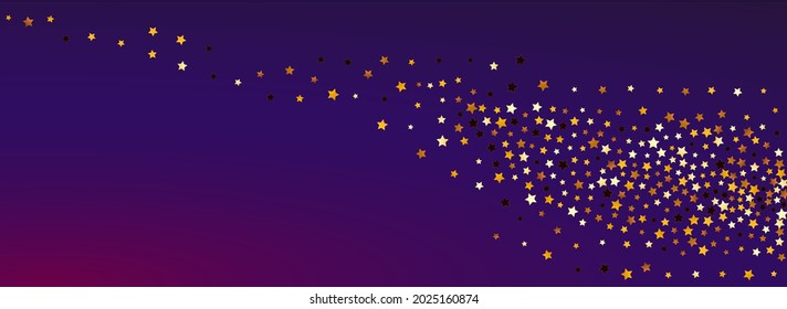 Golden Space Vector Panoramic Purple Background. Yellow Xmas Sky Wallpaper. Universe Festive Texture.  Gold Cosmos Glow Illustration.