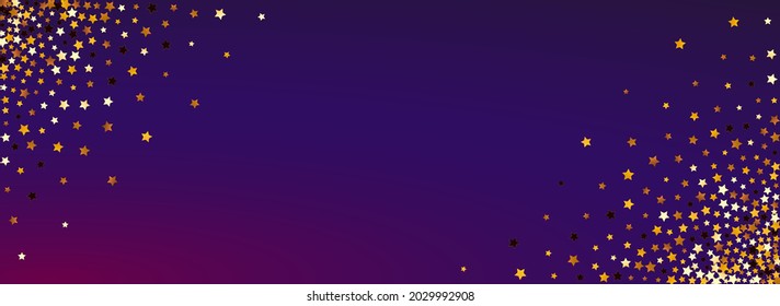 Golden Space Vector Panoramic Purple Background. Gilded Falling Sparkle Template. Confetti Celebration Design.  Shiny Magic Glow Pattern.