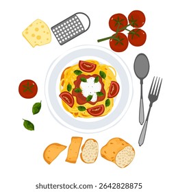 Golden spaghetti pasta plate with red tomato sauce, bread, cheese, fork, spoon, delicious and refreshing, top view. Delicious food vector illustration set for menu design, poster, and background.
