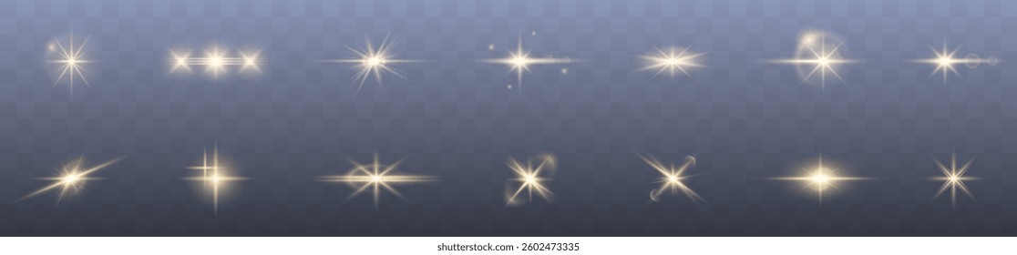 golden sparkle beam effect with sunlight flares, magical stardust, and radiant glow. Ideal for Christmas themes, fantasy scenes, party designs, and bright festive backgrounds. Vector illustration