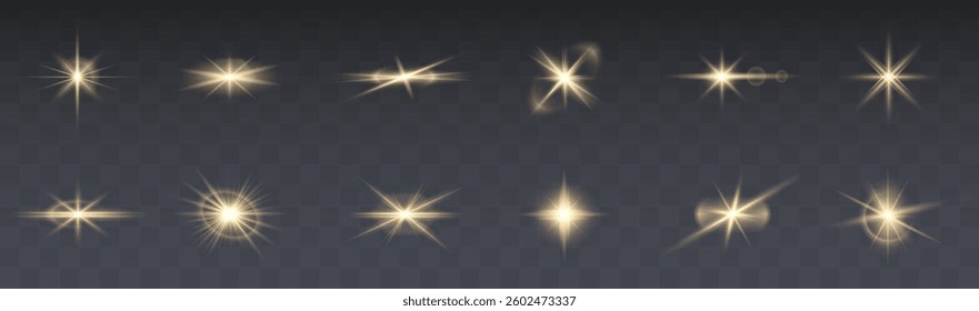golden sparkle beam effect with sunlight flares, magical stardust, and radiant glow. Ideal for Christmas themes, fantasy scenes, party designs, and bright festive backgrounds. Vector illustration