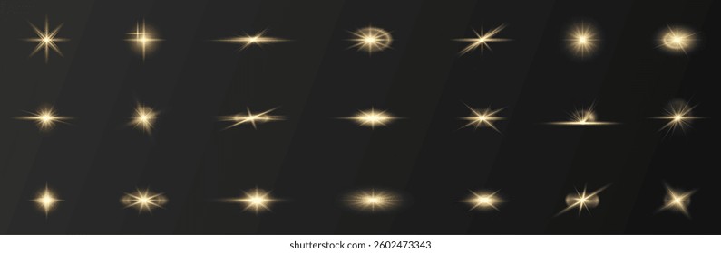 golden sparkle beam effect with sunlight flares, magical stardust, and radiant glow. Ideal for Christmas themes, fantasy scenes, party designs, and bright festive backgrounds. Vector illustration