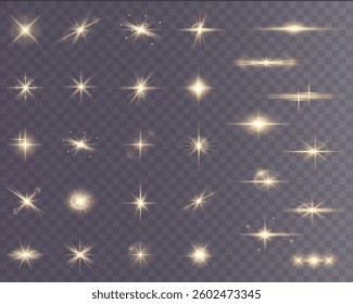 golden sparkle beam effect with sunlight flares, magical stardust, and radiant glow. Ideal for Christmas themes, fantasy scenes, party designs, and bright festive backgrounds. Vector illustration
