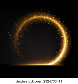 Golden sparkle circle wave. Vector realistic glow, round shaped energetic spark. Radiant and shimmering, dynamic ring or curve line with captivating glitter, sense of movement and a touch of glamour