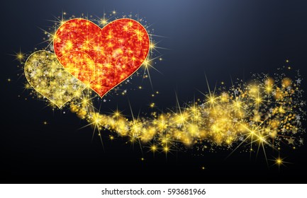 Golden sparkle couple heart with glittering magical dust and stars pattern background. In valentine or love anniversary celebration black isolated banner background layout, create by vector
