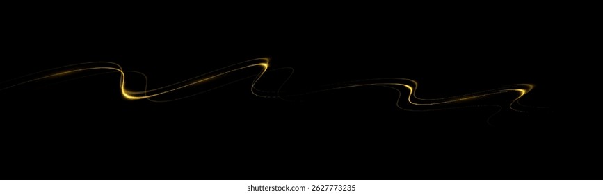 Trilha de poeira de brilho dourado com efeito de vento mágico - fluxo brilhante de cometa de ouro, partículas de estrela brilhantes, brilho do vetor festivo isolado no fundo transparente, perfeito para o projeto de férias
