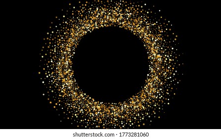 Golden Sparkle Effect Black Background. Shiny Sequin Illustration. Yellow Glow Bright Background. Splash Christmas Pattern.