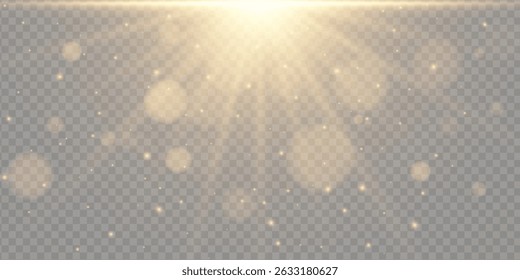 Golden sparkle effect with glowing flare and sunray. Bright glitter explosion with magic burst and festive light beam. Abstract starlight design for holiday or celebration use.
