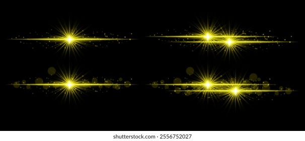 Golden sparkle effect set. Radiant golden beams, glowing light bursts, glittering particles, shimmering streaks, and decorative highlights for elegant designs, festive themes, and luxurious accents