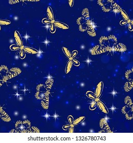 Golden sparkle jewelry butterfly insect flying with glittering stars pattern in advertisement promotion or seasonal holiday celebration isolated black background, create by vector